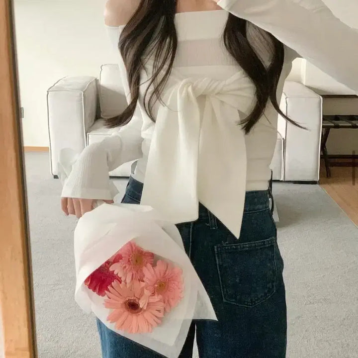 [BUNJANG] Off Shoulder Ribbed Knit Top / 오프숄더 리본 매듭 니트