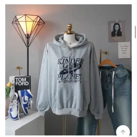 [BUNJANG] Kinder Planet Printed Hoodie Gray / 에이블리 킨더 플래닛 프린팅 후드티 그레이