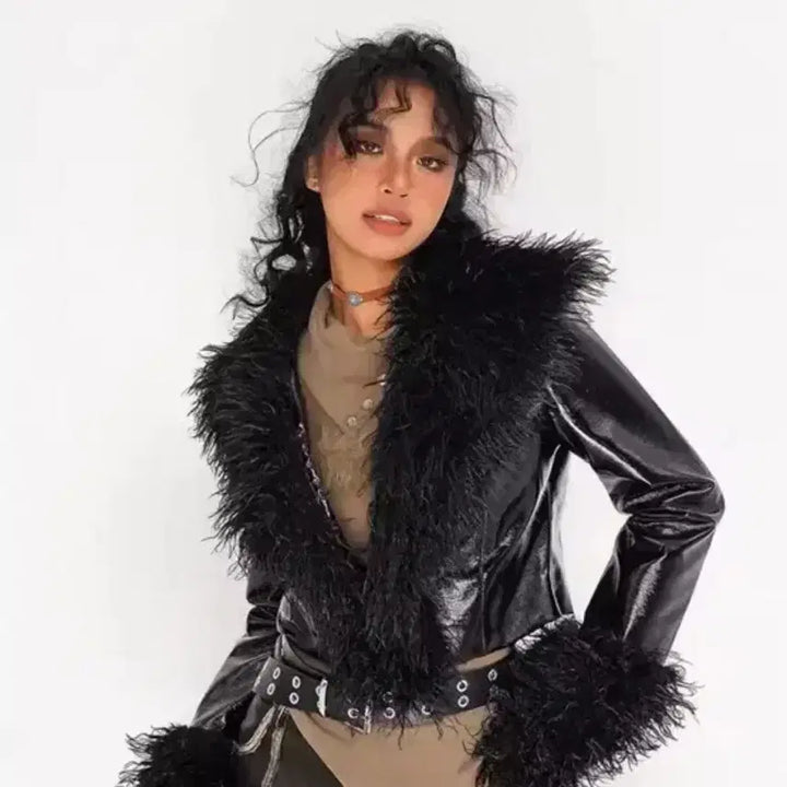 [BUNJANG] Leather Crop Fur Jacket / 레더 크롭 퍼자켓