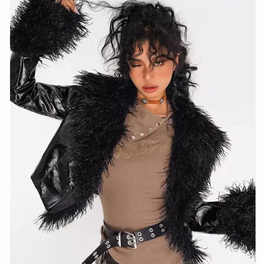 [BUNJANG] Leather Crop Fur Jacket / 레더 크롭 퍼자켓