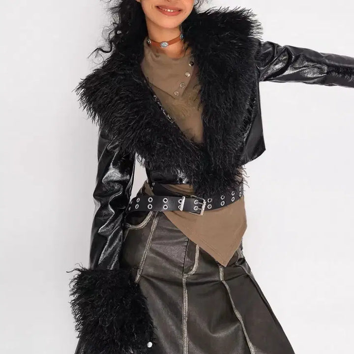 [BUNJANG] Leather Crop Fur Jacket / 레더 크롭 퍼자켓