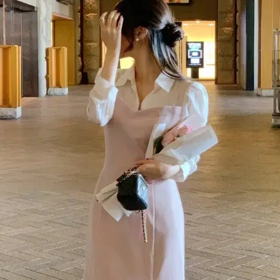 [BUNJANG] Attrangs Celina Color Block Mermaid Dress / (아뜨랑스) 셀리나 셔츠 배색 머메이드 원피스(핑크베이지, M)