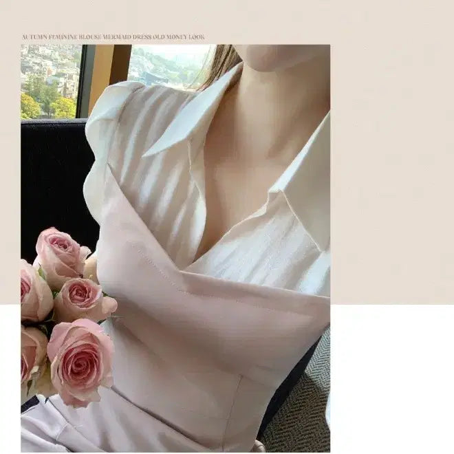 [BUNJANG] Attrangs Celina Color Block Mermaid Dress / (아뜨랑스) 셀리나 셔츠 배색 머메이드 원피스(핑크베이지, M)