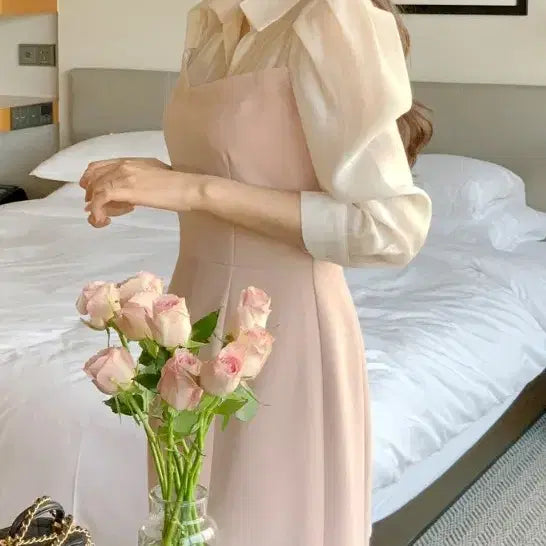 [BUNJANG] Attrangs Celina Color Block Mermaid Dress / (아뜨랑스) 셀리나 셔츠 배색 머메이드 원피스(핑크베이지, M)