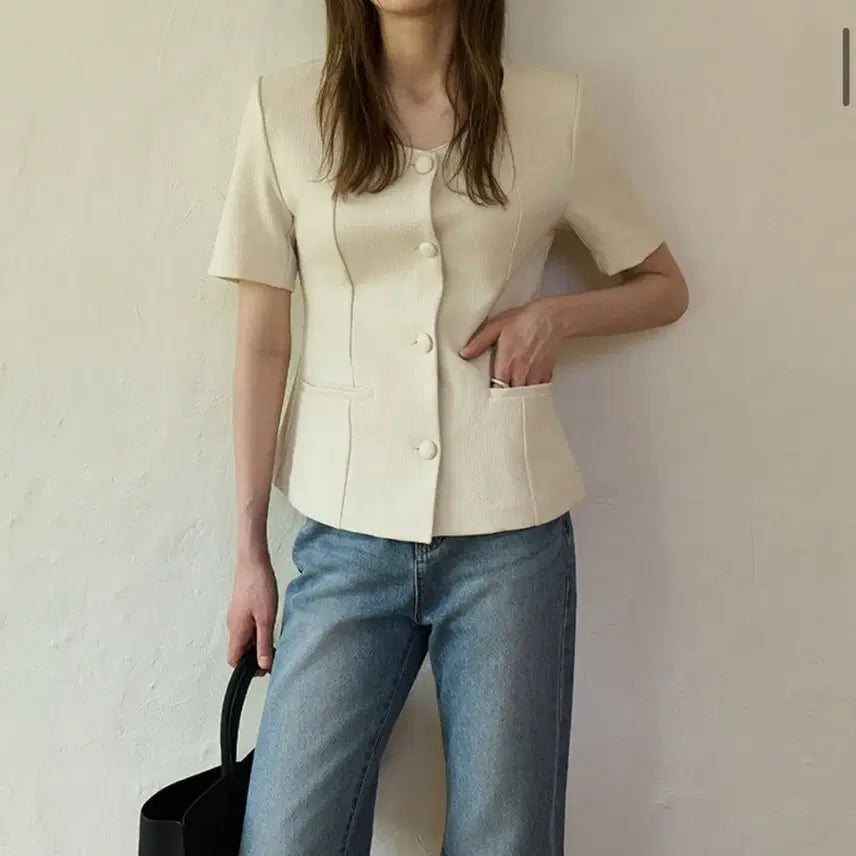 [BUNJANG] Woohee Summer Tweed Scoop Neck Jacket Cream Ivory / 우이 썸머 트위드 스쿱넥 자켓 크림아이보리