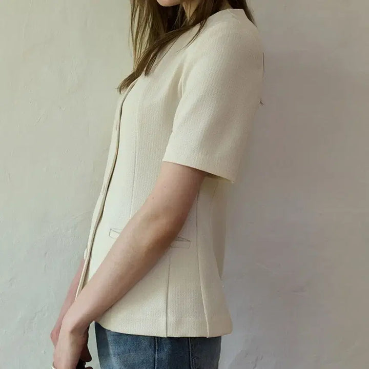 [BUNJANG] Woohee Summer Tweed Scoop Neck Jacket Cream Ivory / 우이 썸머 트위드 스쿱넥 자켓 크림아이보리