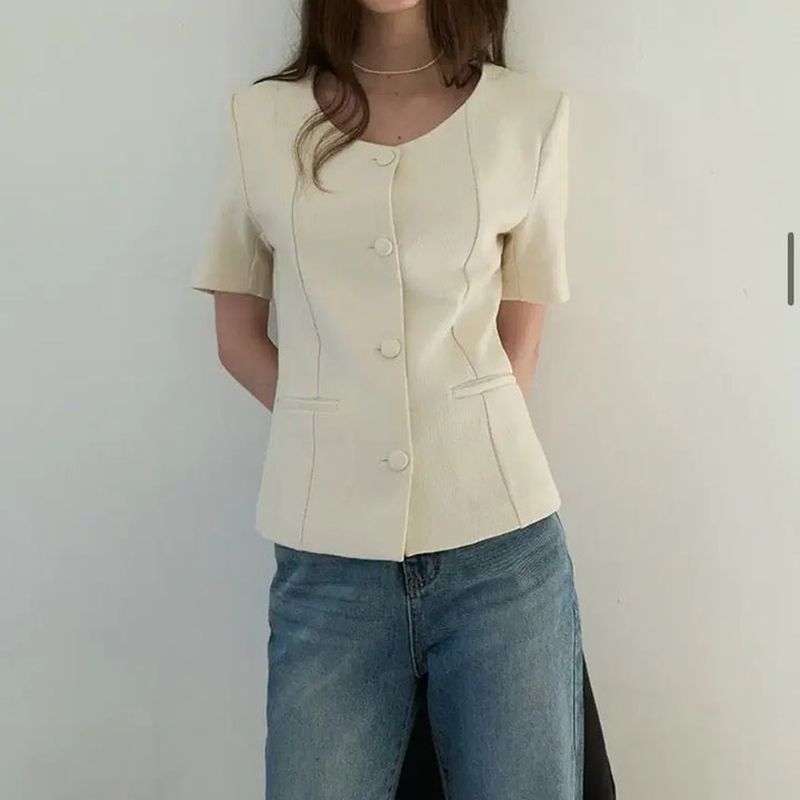 [BUNJANG] Woohee Summer Tweed Scoop Neck Jacket Cream Ivory / 우이 썸머 트위드 스쿱넥 자켓 크림아이보리