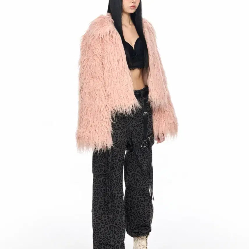 [BUNJANG] Fake Fur Jacket / 스키즘인듀싱 크롭 스파이키 폭스퍼자켓 베이비핑크 페이크시어링숏점퍼헤어리믹