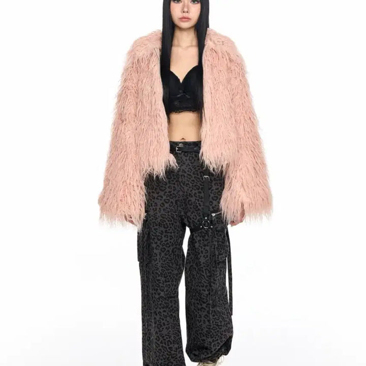 [BUNJANG] Fake Fur Jacket / 스키즘인듀싱 크롭 스파이키 폭스퍼자켓 베이비핑크 페이크시어링숏점퍼헤어리믹