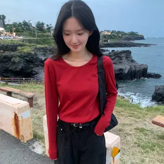 [BUNJANG] Merry From Me Chiz-Tea Basic Long Sleeve (Red) / 메리프롬미 치즈티 긴팔 레드 베이직