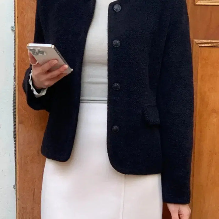 [BUNJANG] Black Wool Blend Collarless Jacket / 블랙 노카라 울 자켓