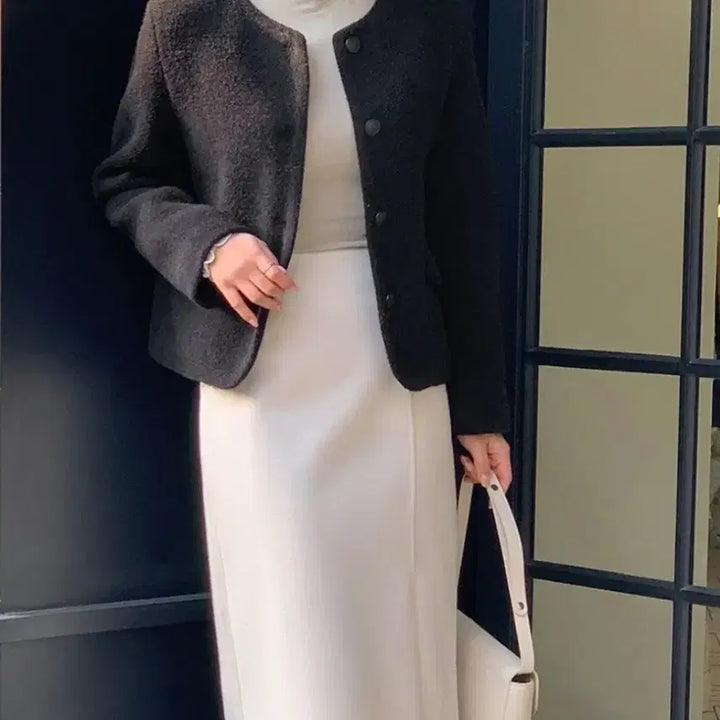 [BUNJANG] Black Wool Blend Collarless Jacket / 블랙 노카라 울 자켓