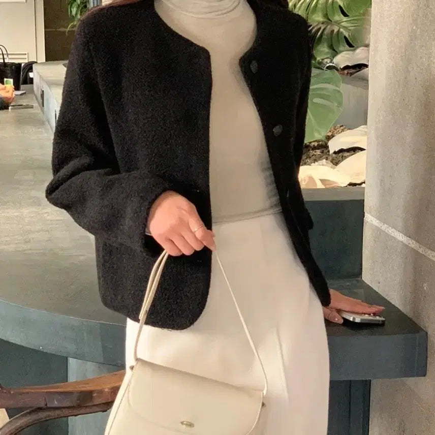 [BUNJANG] Black Wool Blend Collarless Jacket / 블랙 노카라 울 자켓