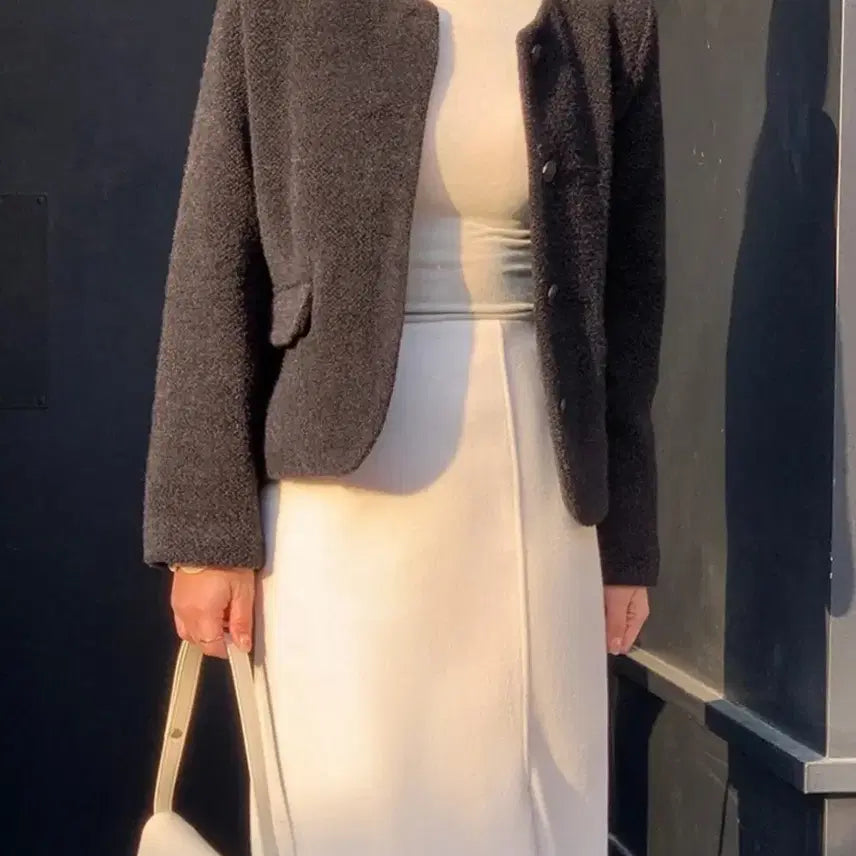 [BUNJANG] Black Wool Blend Collarless Jacket / 블랙 노카라 울 자켓