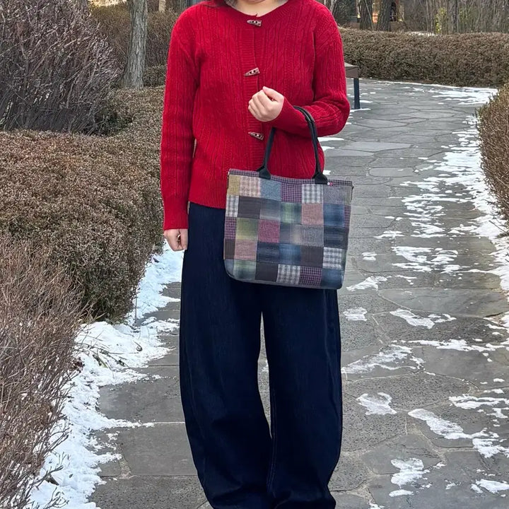 [BUNJANG] Quilted Check Patchwork Tote Bag / 퀼트 완제품 체크 패치워크 토트백