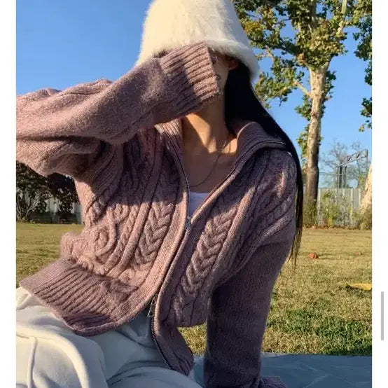 [BUNJANG] Beidelli Cable Knit Zip-up Pink / 베이델리 꽈배기 니트 집업 핑크