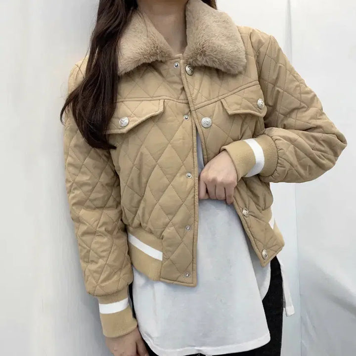 [BUNJANG] Short Quilted Padded Jacket (Beige) / 퍼 카라 퀄팅 누빔 숏 패딩 (베이지)