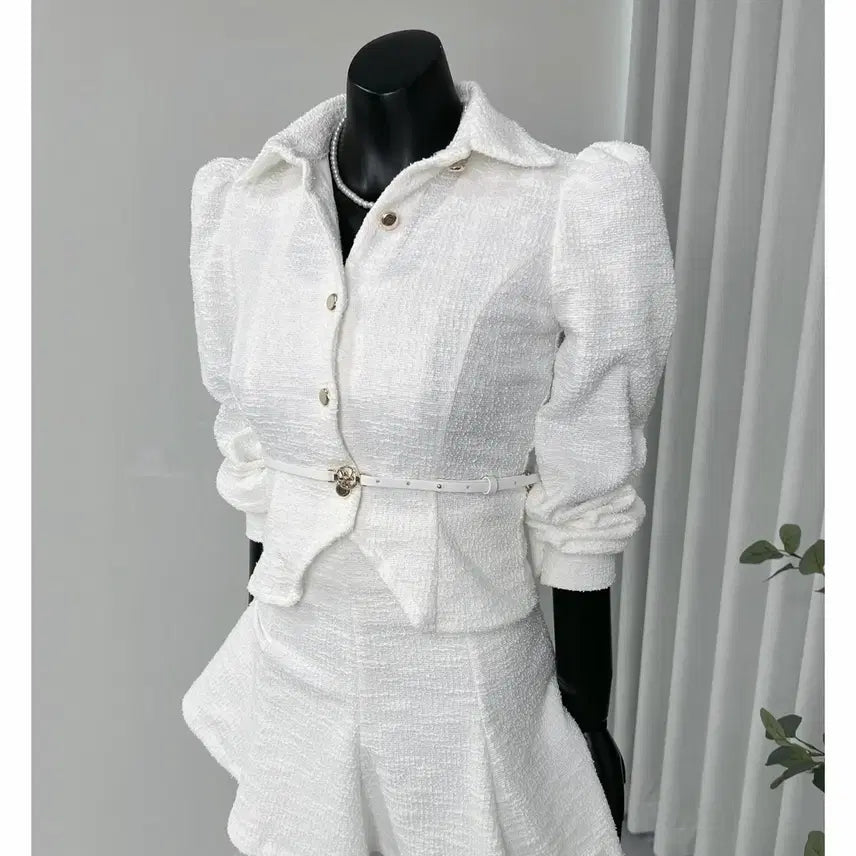 [BUNJANG] Shoulder Shirring Collar Jacket Blouse / 벨트SET 어깨셔링 카라 자켓형 블라우스 새상품