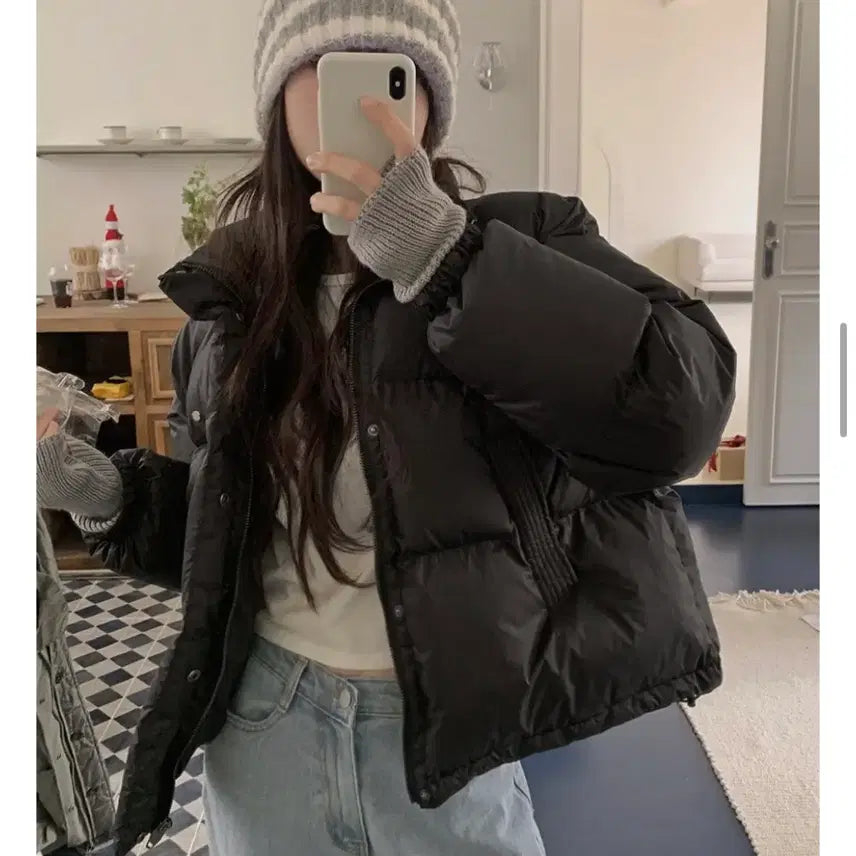 [BUNJANG] Hotping Black Short Padded Jacket / 핫핑 블랙 여성숏패딩 반하이넥 스트링 패딩점퍼 여자 빅사이즈 패딩