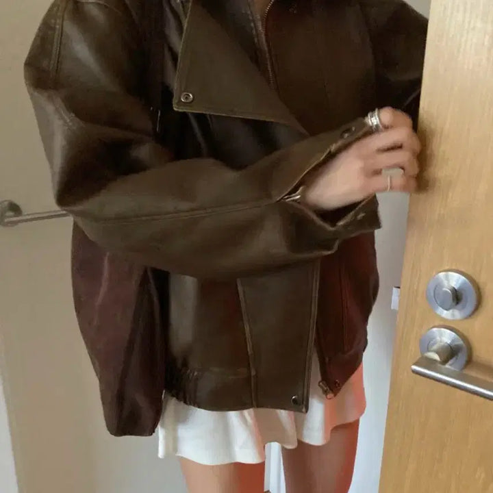 [BUNJANG] MaybeBaby Leather Jacket Brown / 메이비베이비 자체제작 레더 자켓 브라운
