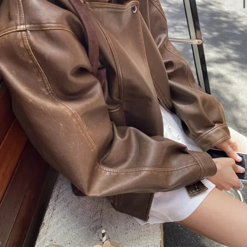 [BUNJANG] MaybeBaby Leather Jacket Brown / 메이비베이비 자체제작 레더 자켓 브라운