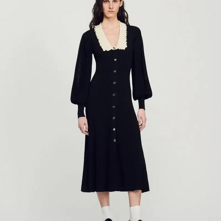 [BUNJANG] Sandro Black Lace Collar Long Dress / Sandro 산드로 블랙 레이스 칼라 롱 원피스