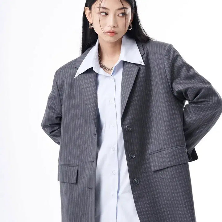 [BUNJANG] Ranyo CherryQuri Oversized Striped Blazer Jacket / 라뇨 체리퀴리 오버핏 스트라이프 블레이저 자켓