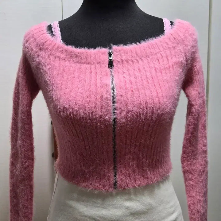 [BUNJANG] Pink Angora Crop Zip-Up Cardigan / 핑크  앙고라  집업  가디건 크롭 기장