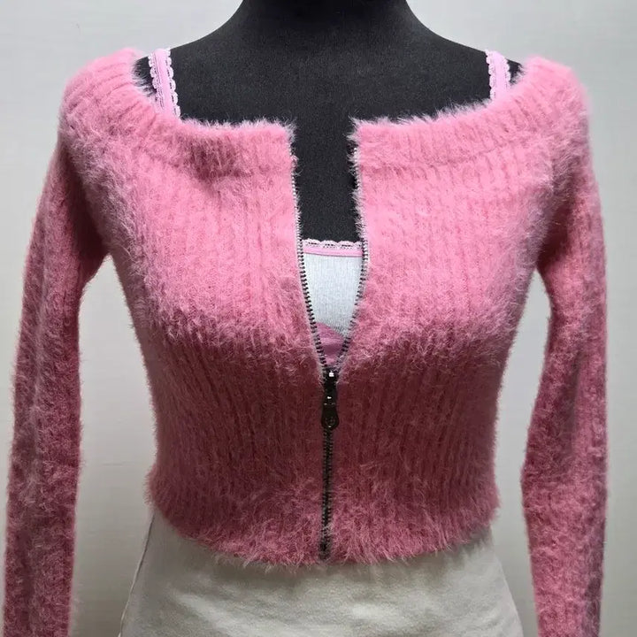 [BUNJANG] Pink Angora Crop Zip-Up Cardigan / 핑크  앙고라  집업  가디건 크롭 기장