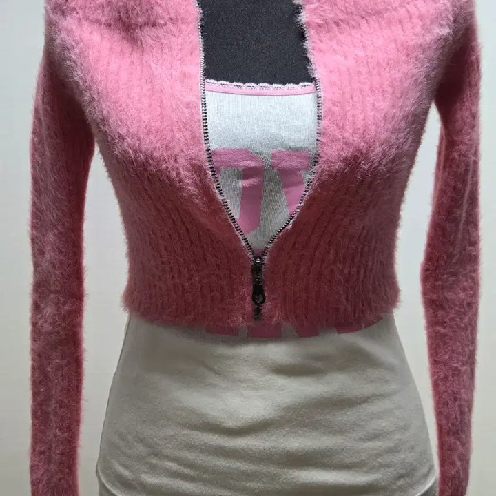 [BUNJANG] Pink Angora Crop Zip-Up Cardigan / 핑크  앙고라  집업  가디건 크롭 기장