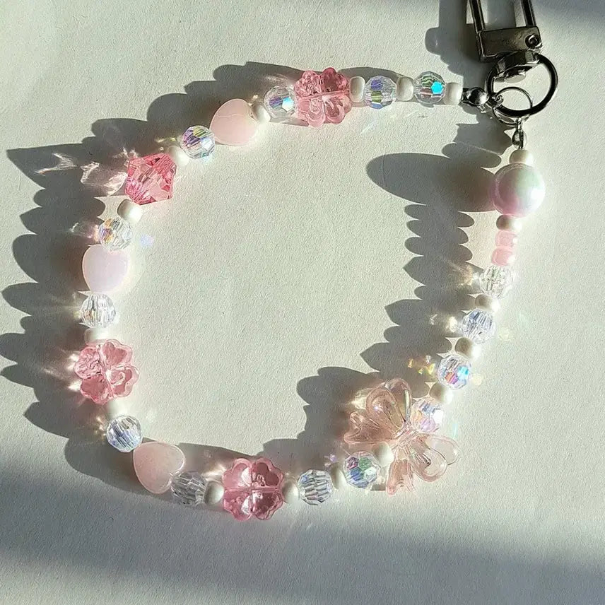 [BUNJANG] Heart Flower Bead Keyring / 하트 꽃 비즈 키링 핑크 화이트 비즈 스트랩