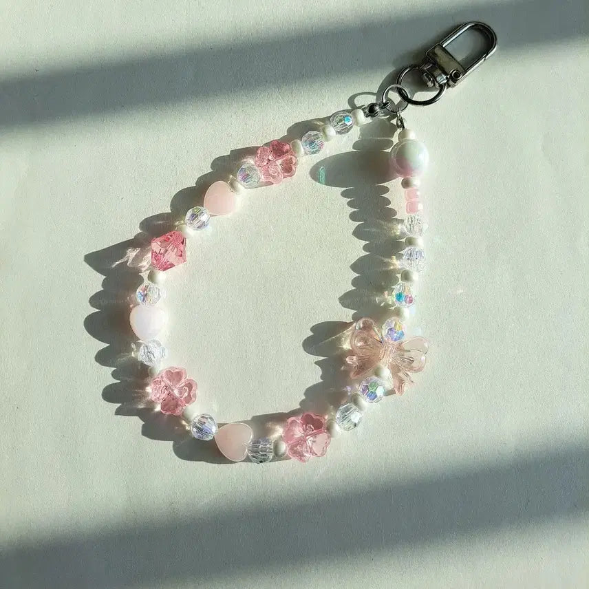 [BUNJANG] Heart Flower Bead Keyring / 하트 꽃 비즈 키링 핑크 화이트 비즈 스트랩