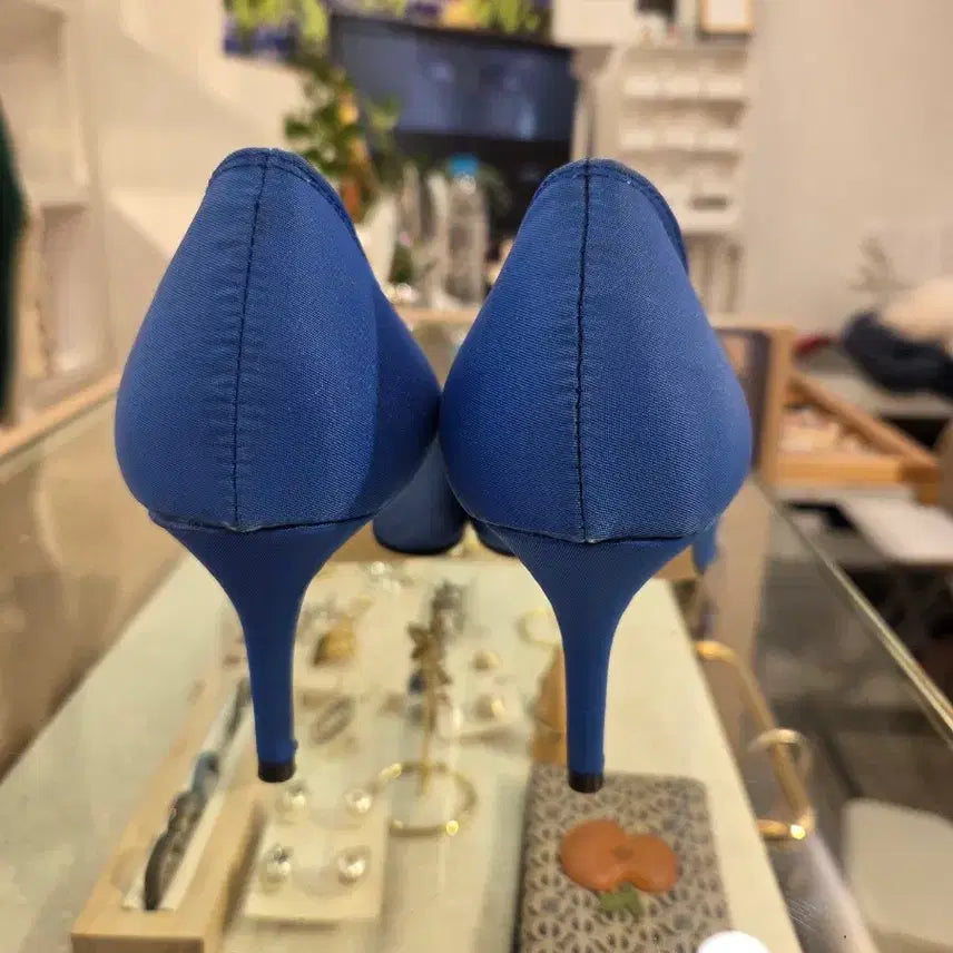 [BUNJANG] Blue Satin Cubic Pumps / 블루 새틴 큐빅 펌프스