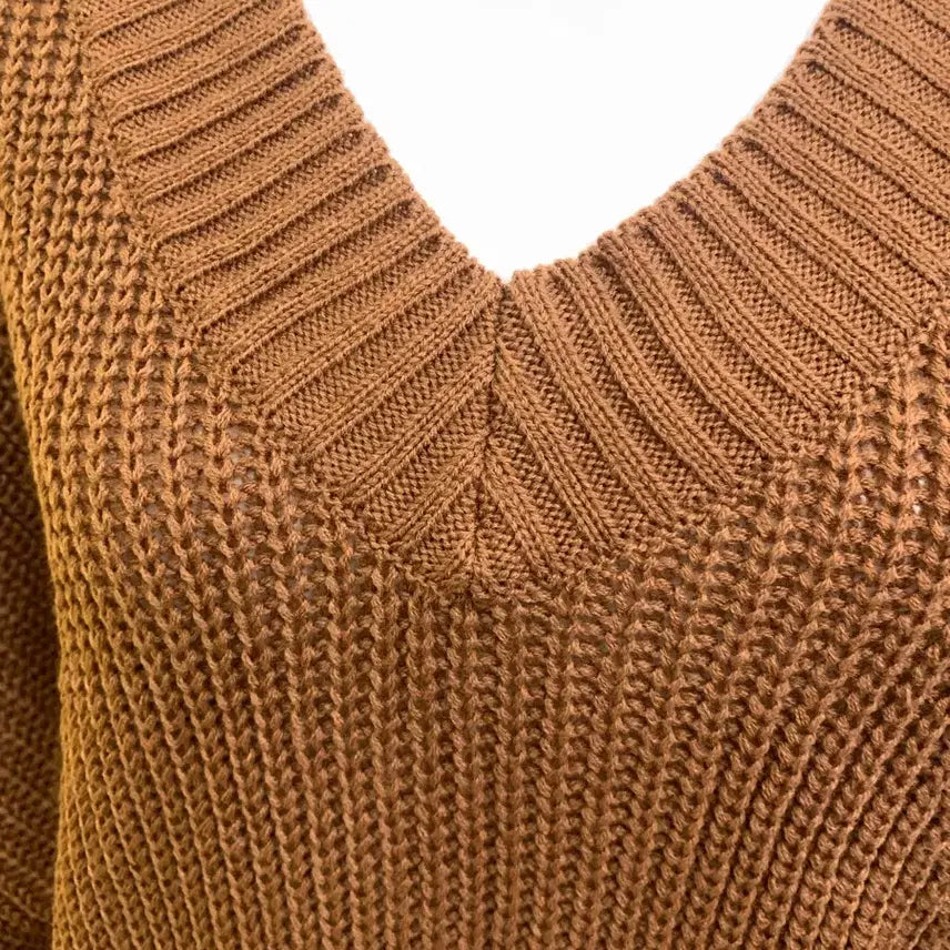 [BUNJANG] Brown V-Neck Knit Long Sleeve Shirt / 브라운 브이넥 니트 긴팔