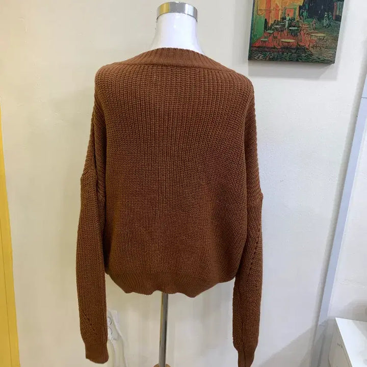 [BUNJANG] Brown V-Neck Knit Long Sleeve Shirt / 브라운 브이넥 니트 긴팔