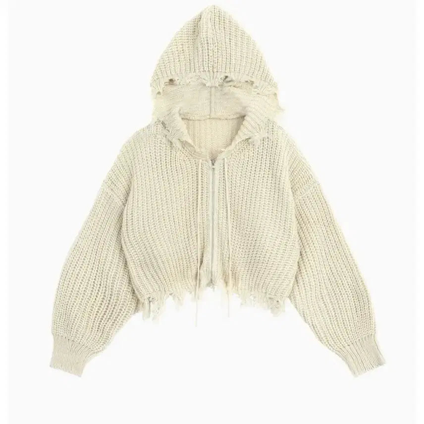 [BUNJANG] Ruve Ivory Crop Knit Hooded Zip-up Cardigan / ruve 아이보리 크롭 니트 후드 집업 가디건