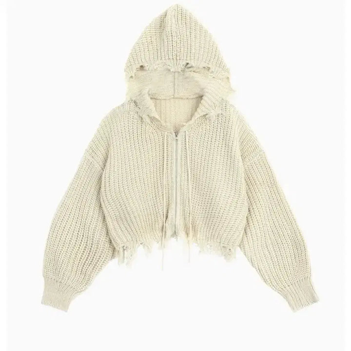 [BUNJANG] Ruve Ivory Crop Knit Hooded Zip-up Cardigan / ruve 아이보리 크롭 니트 후드 집업 가디건