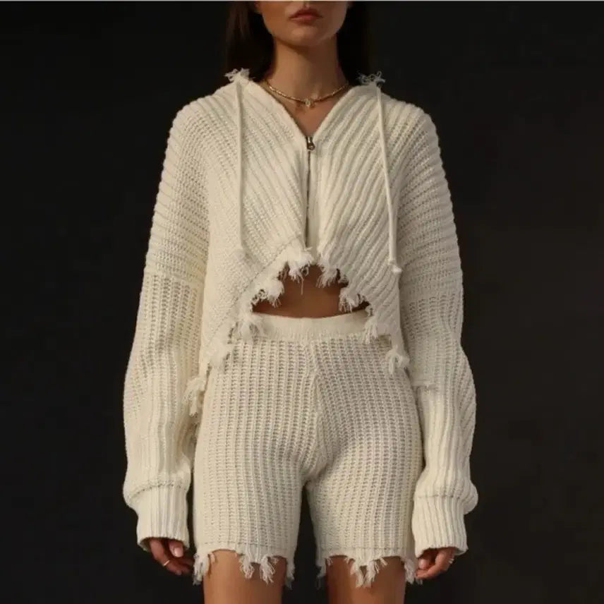 [BUNJANG] Ruve Ivory Crop Knit Hooded Zip-up Cardigan / ruve 아이보리 크롭 니트 후드 집업 가디건