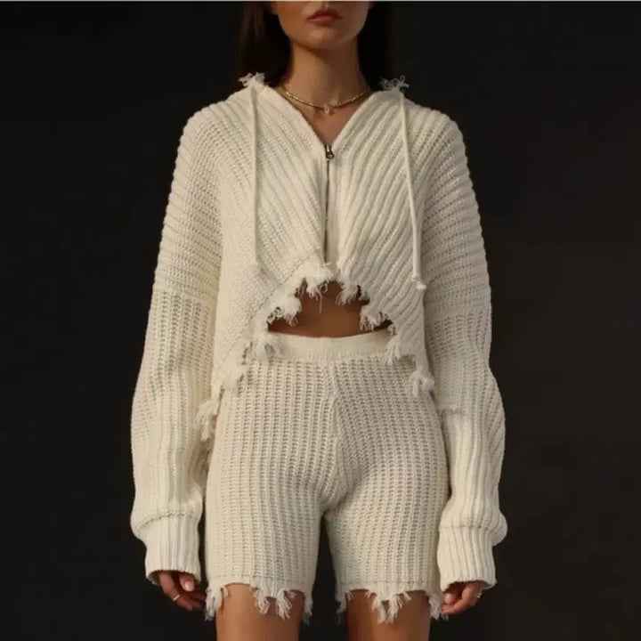 [BUNJANG] Ruve Ivory Crop Knit Hooded Zip-up Cardigan / ruve 아이보리 크롭 니트 후드 집업 가디건