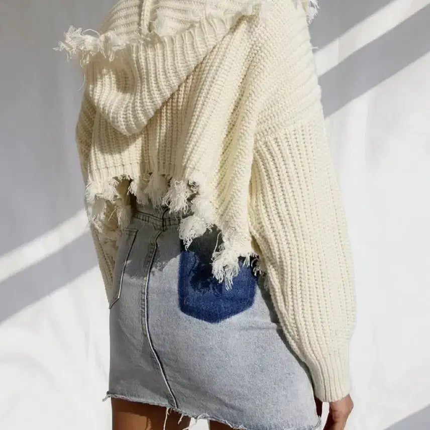 [BUNJANG] Ruve Ivory Crop Knit Hooded Zip-up Cardigan / ruve 아이보리 크롭 니트 후드 집업 가디건