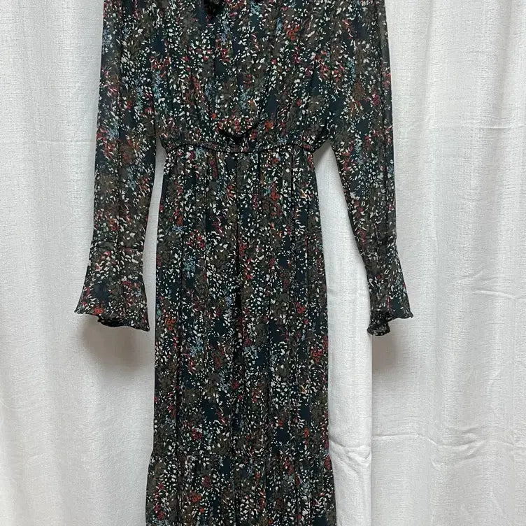 [BUNJANG] Deep Green Floral Ribbon Midi Dress / 딥그린 긴팔 쉬폰 플로럴 꽃무늬 리본 원피스