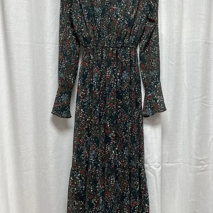 [BUNJANG] Deep Green Floral Ribbon Midi Dress / 딥그린 긴팔 쉬폰 플로럴 꽃무늬 리본 원피스