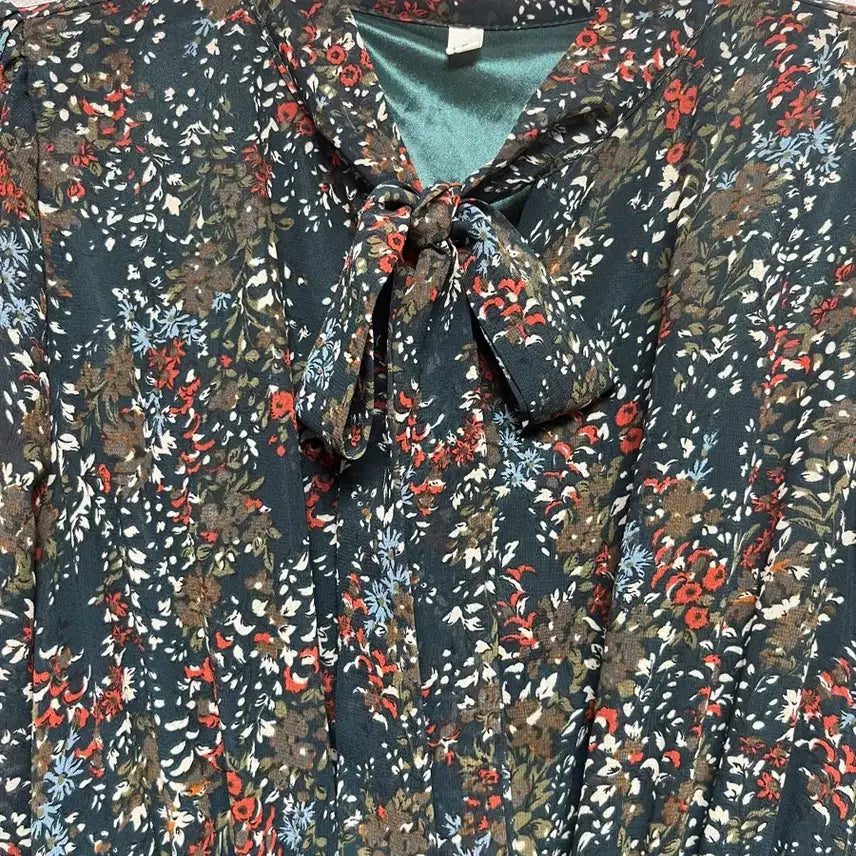 [BUNJANG] Deep Green Floral Ribbon Midi Dress / 딥그린 긴팔 쉬폰 플로럴 꽃무늬 리본 원피스