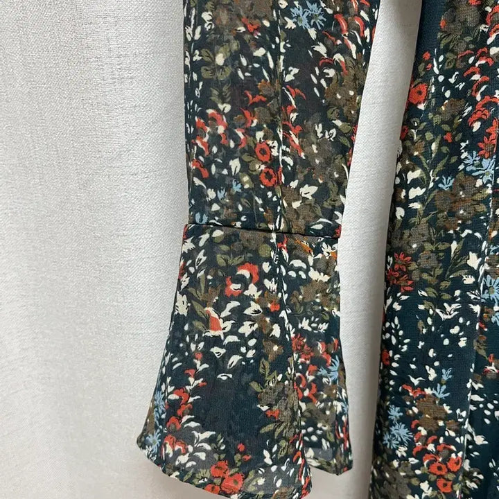 [BUNJANG] Deep Green Floral Ribbon Midi Dress / 딥그린 긴팔 쉬폰 플로럴 꽃무늬 리본 원피스