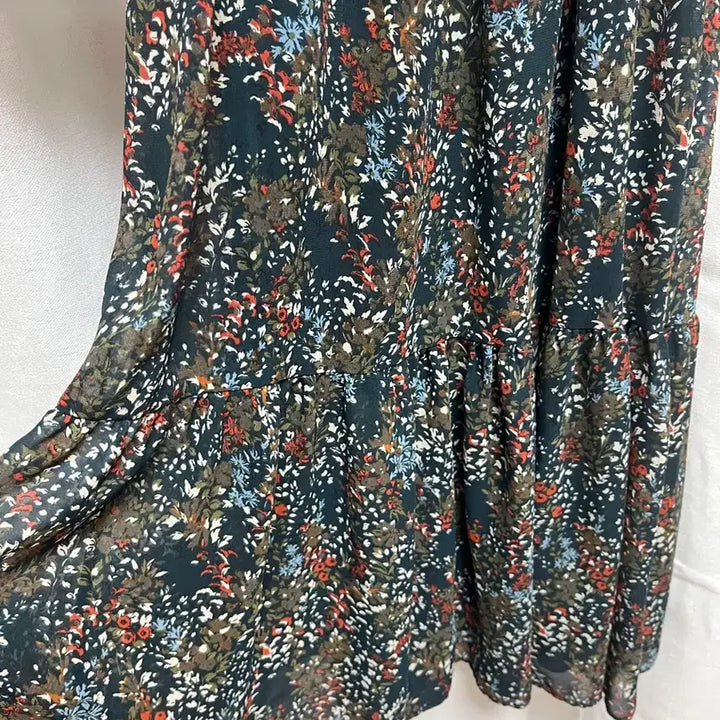 [BUNJANG] Deep Green Floral Ribbon Midi Dress / 딥그린 긴팔 쉬폰 플로럴 꽃무늬 리본 원피스