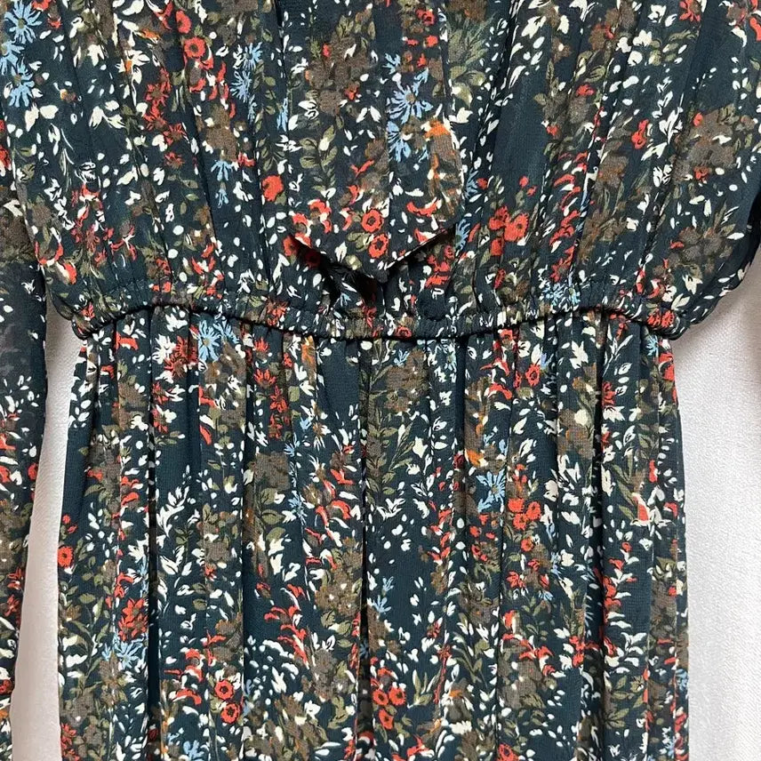 [BUNJANG] Deep Green Floral Ribbon Midi Dress / 딥그린 긴팔 쉬폰 플로럴 꽃무늬 리본 원피스