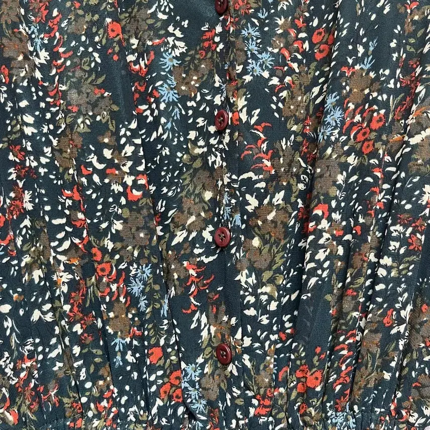 [BUNJANG] Deep Green Floral Ribbon Midi Dress / 딥그린 긴팔 쉬폰 플로럴 꽃무늬 리본 원피스