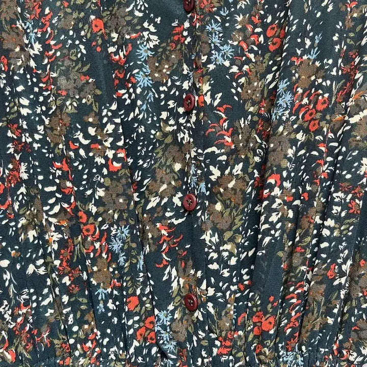 [BUNJANG] Deep Green Floral Ribbon Midi Dress / 딥그린 긴팔 쉬폰 플로럴 꽃무늬 리본 원피스