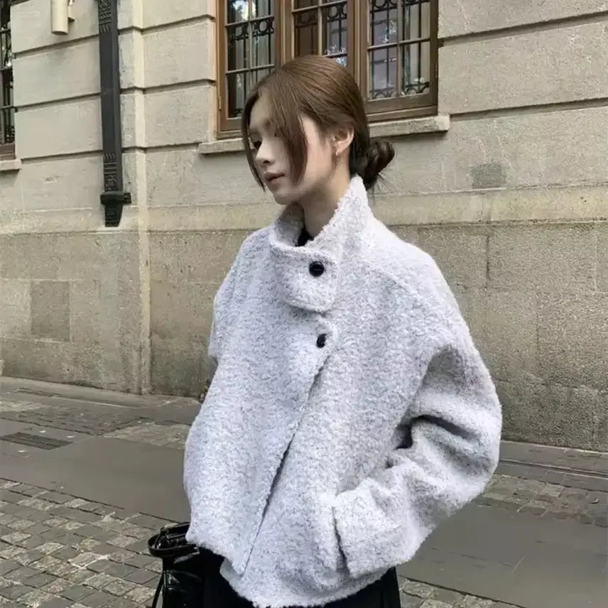 [BUNJANG] Sky Gray Wool Coat / 스카이 그레이 스탠드 칼라 버튼 울 코트