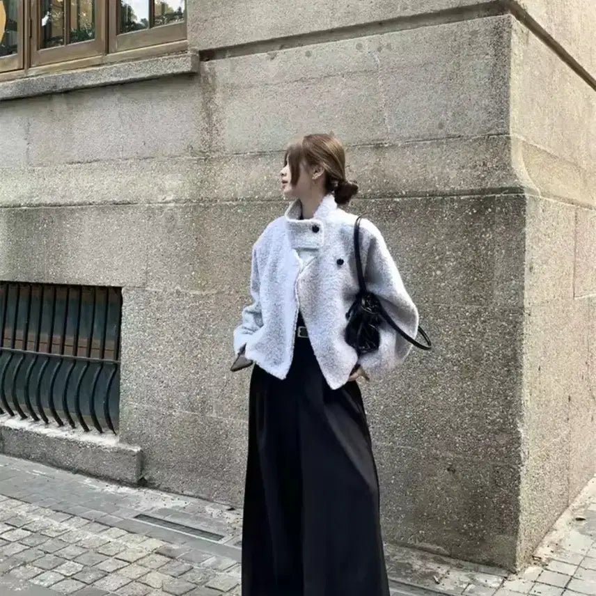 [BUNJANG] Sky Gray Wool Coat / 스카이 그레이 스탠드 칼라 버튼 울 코트